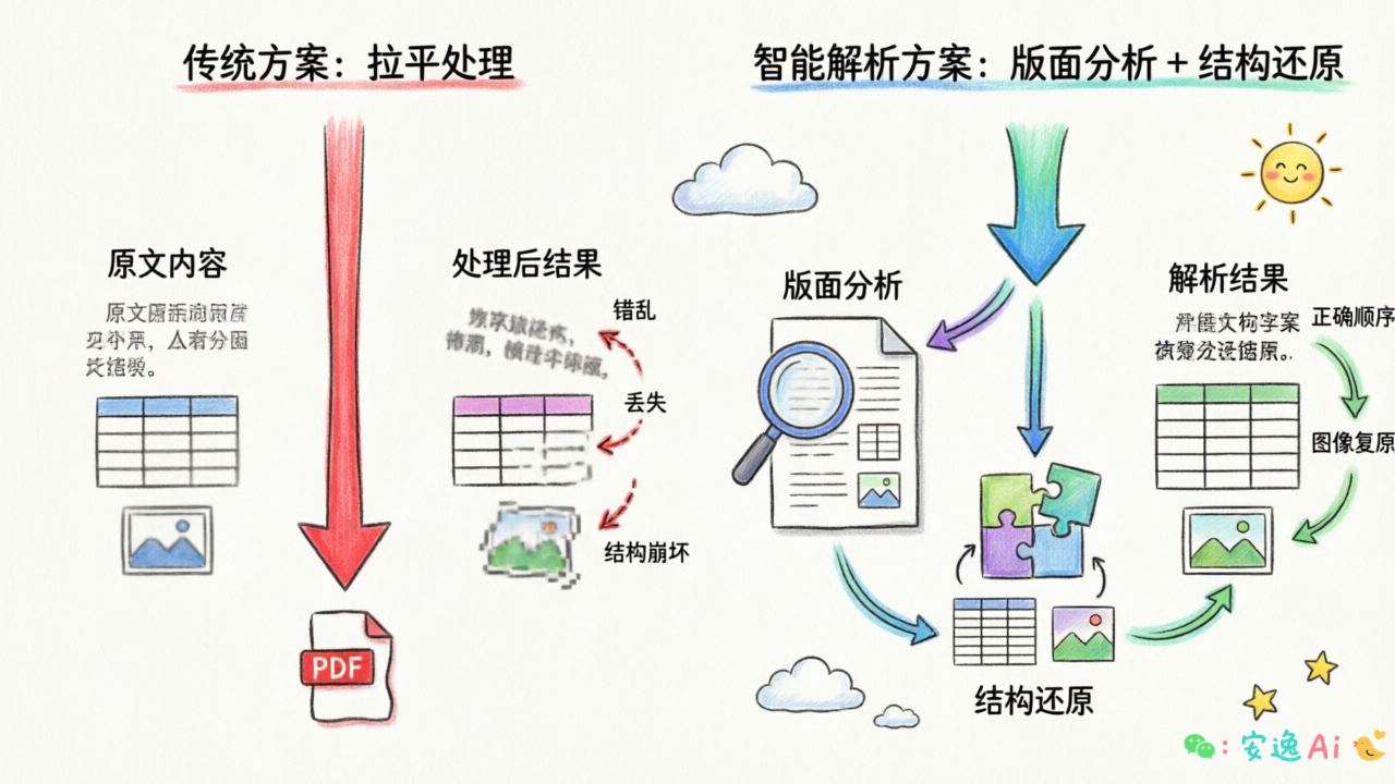 架构图展示传统方案拉平处理与智能解析方案版面分析加结构还原的流程对比