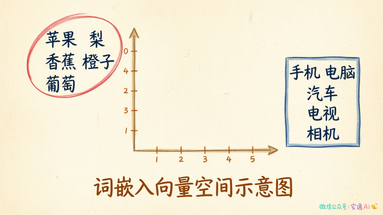 二维坐标系上标注了苹果、梨、香蕉等水果词汇和手机、电脑、汽车等电子设备词汇的位置分布,水果类词汇聚集在一角,电子设备词汇聚集在另一角,两个区域距离较远