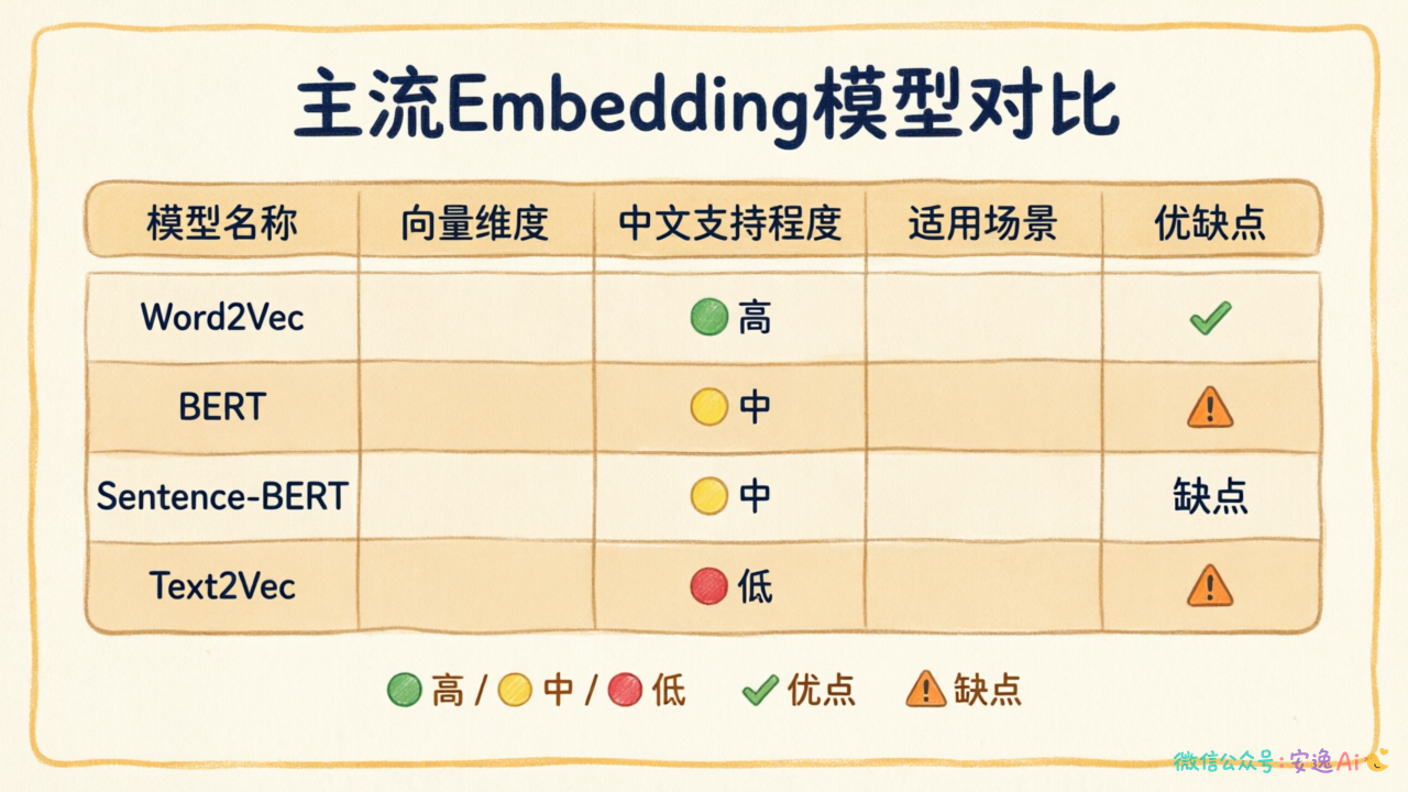 主流Embedding模型对比表,展示模型名称、向量维度、中文支持程度、适用场景、优缺点等关键信息