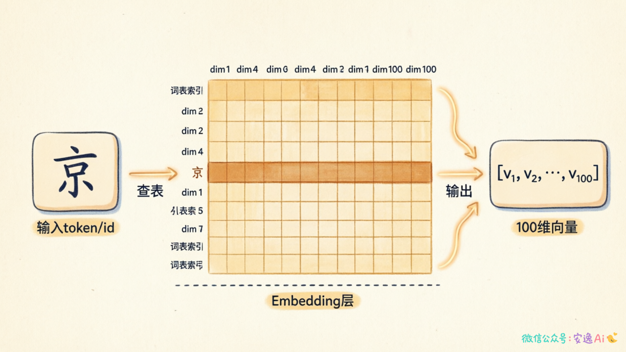 Embedding查表过程——输入"京"字索引,经过查找表输出100维向量