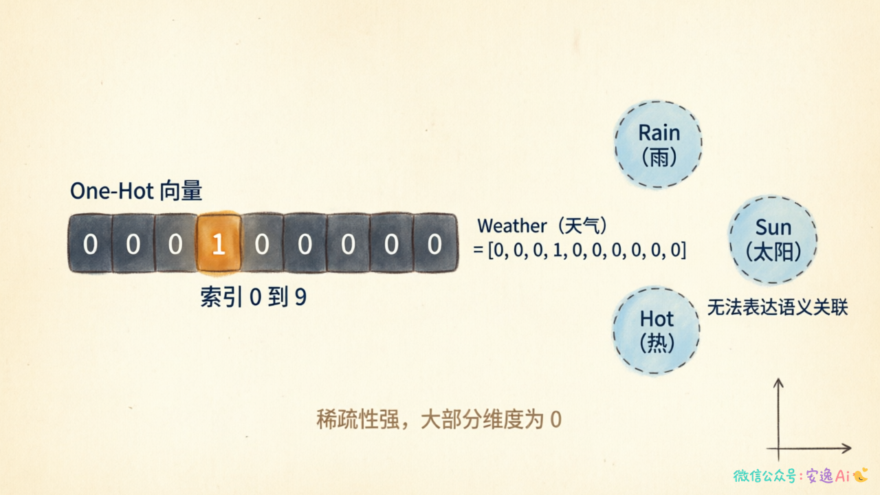One-Hot编码的稀疏性示意——一个"天气"词的向量几乎全是0,无法表达语义关联