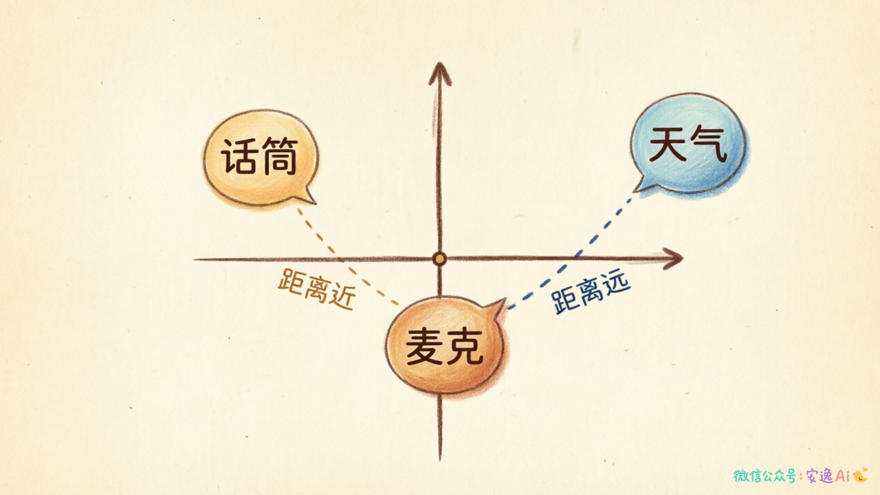 词向量空间分布——"麦克"和"话筒"距离近,"麦克"和"天气"距离远