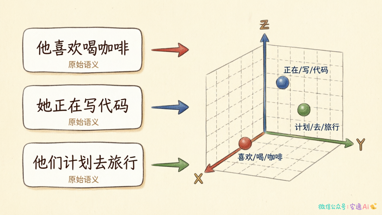 左侧三个中文句子经过"Embedding模型"箭头指向右侧三维坐标系中三个对应的向量点