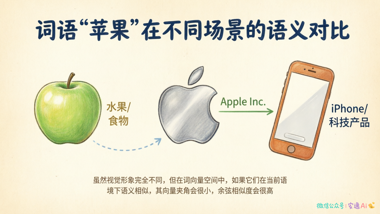 词语"苹果"在水果场景(绿色苹果)、公司场景(苹果logo)、手机场景(iPhone)三种不同语义的对比展示