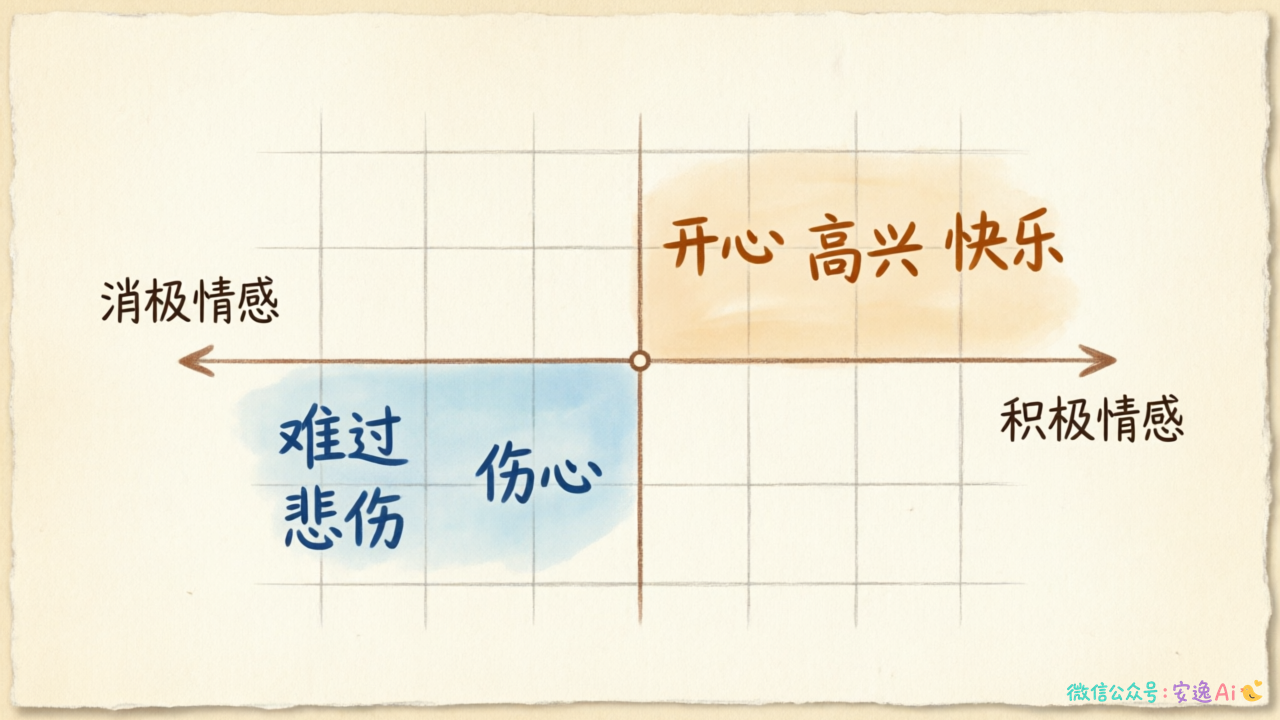 坐标系中标注"积极情感"和"消极情感"轴,正极区域有"开心-高兴-快乐"三个词,负极区域有"难过-悲伤-伤心"三个词