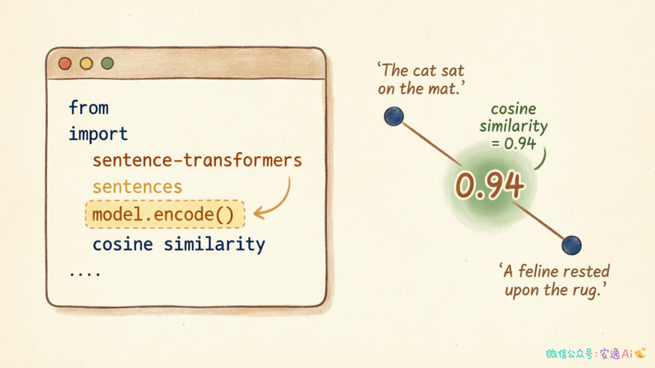 Python代码显示使用sentence-transformers加载模型并计算两条英文句子余弦相似度,结果为0.94