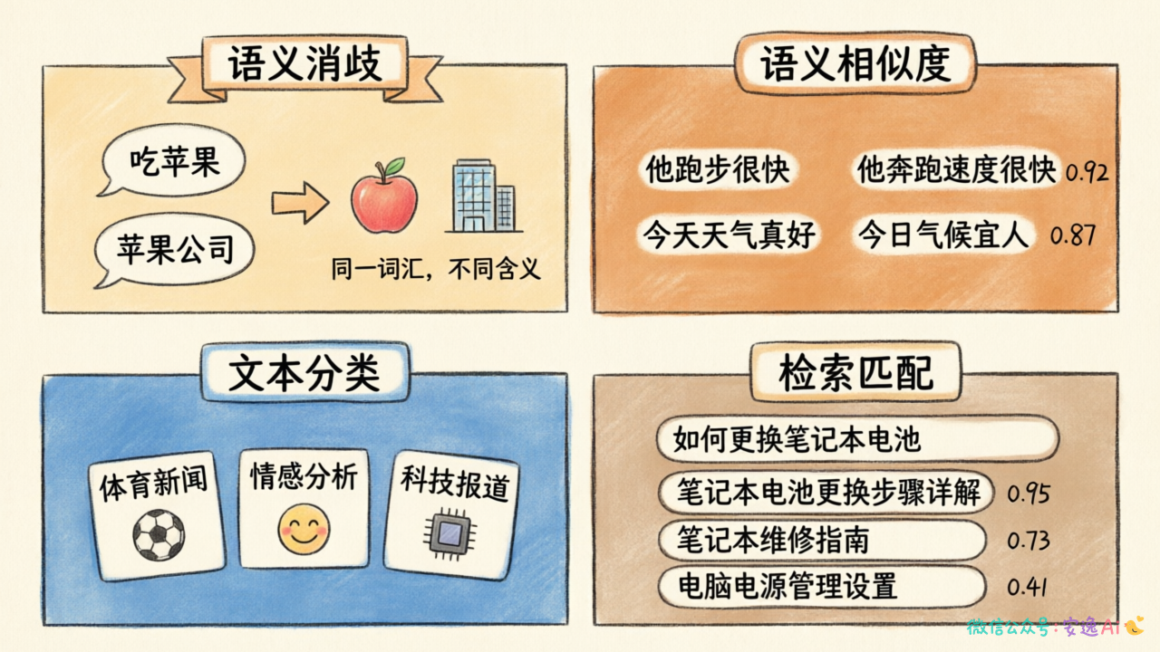 四个中文评测维度示例,每格一句测试话术,如"苹果"多义词消歧示例
