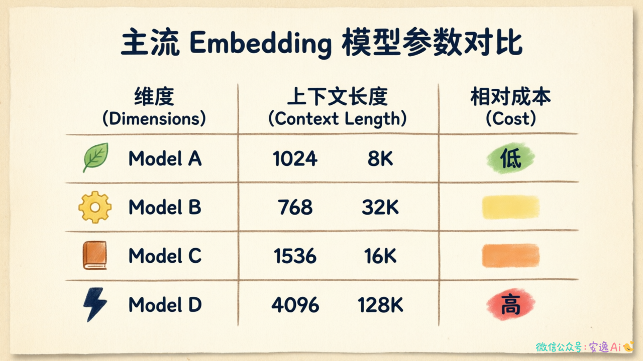 四款主流Embedding模型的参数对比表,标注维度、长度、成本三项关键指标