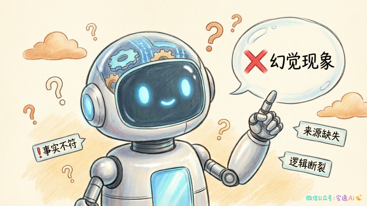 卡通风格的AI自信地回答错误问题,旁边标注"幻觉现象"的示意图