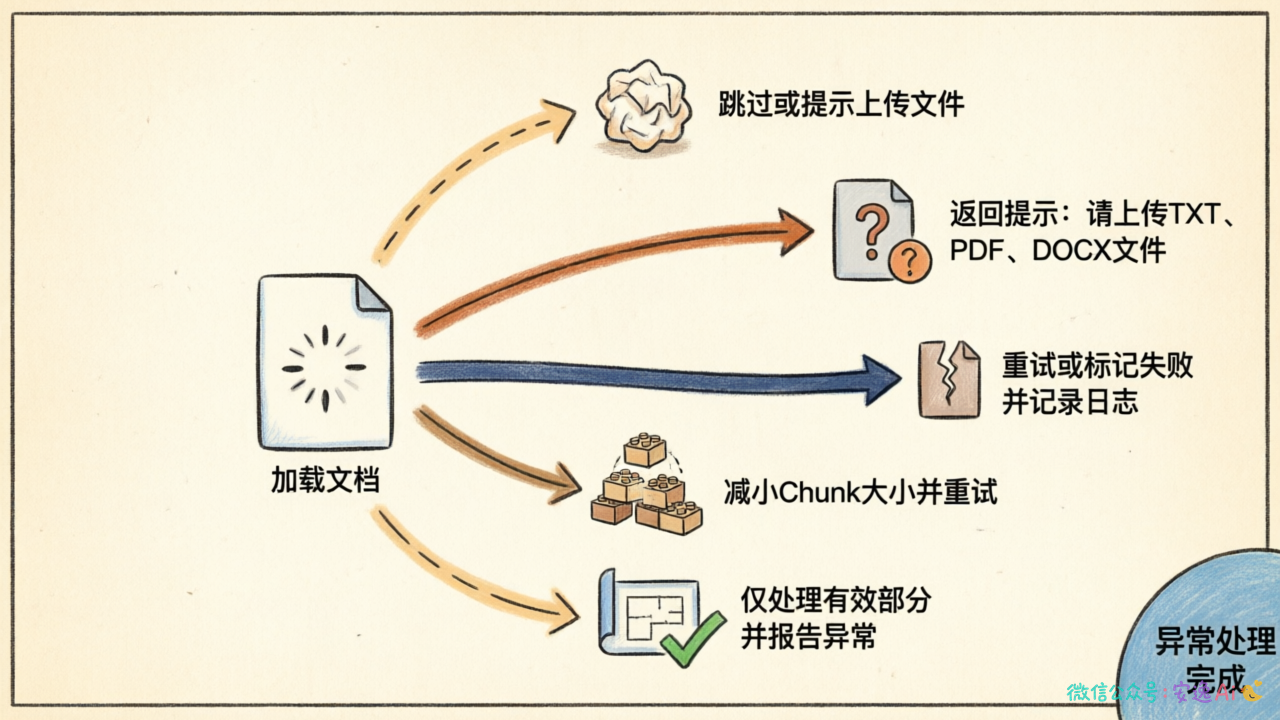 降级处理策略的决策流程图,展示空文件、格式不支持、解析失败、Chunking异常、部分成功等不同异常情况的处理路径