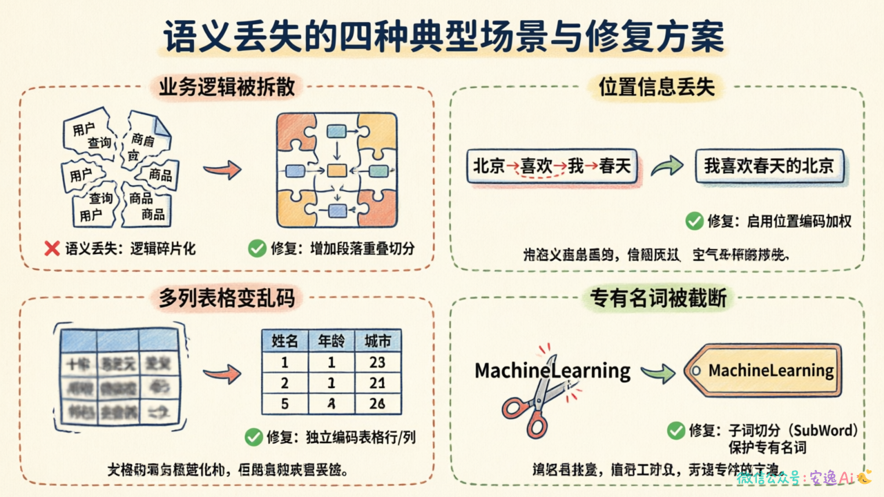 语义丢失的四种典型场景示意图,展示业务逻辑被拆散、位置信息丢失、多列表格变乱码、专有名词被截断的问题和对应的修复方案