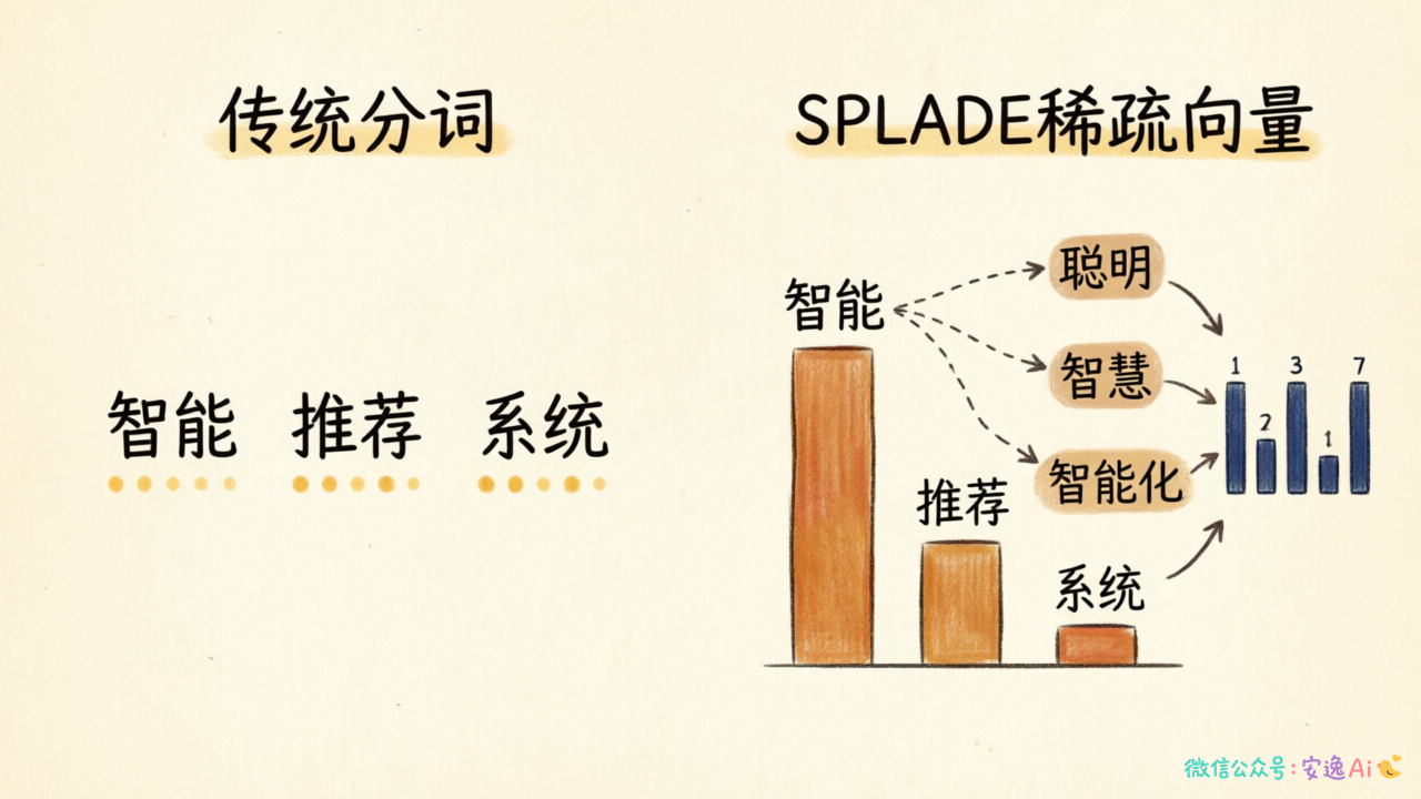 传统分词与SPLADE处理的对比流程图,展示词权重分布和同义词扩展