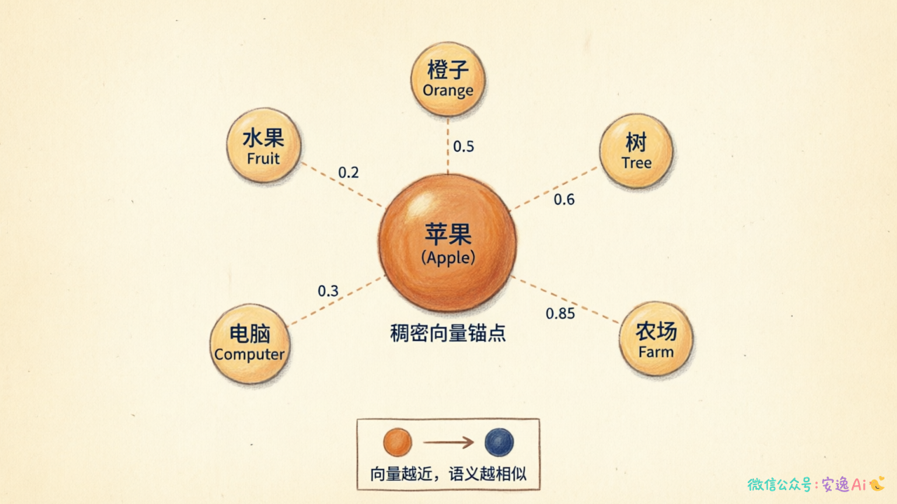 稠密向量在语义空间中的分布示意图,展示苹果与不同词的向量距离