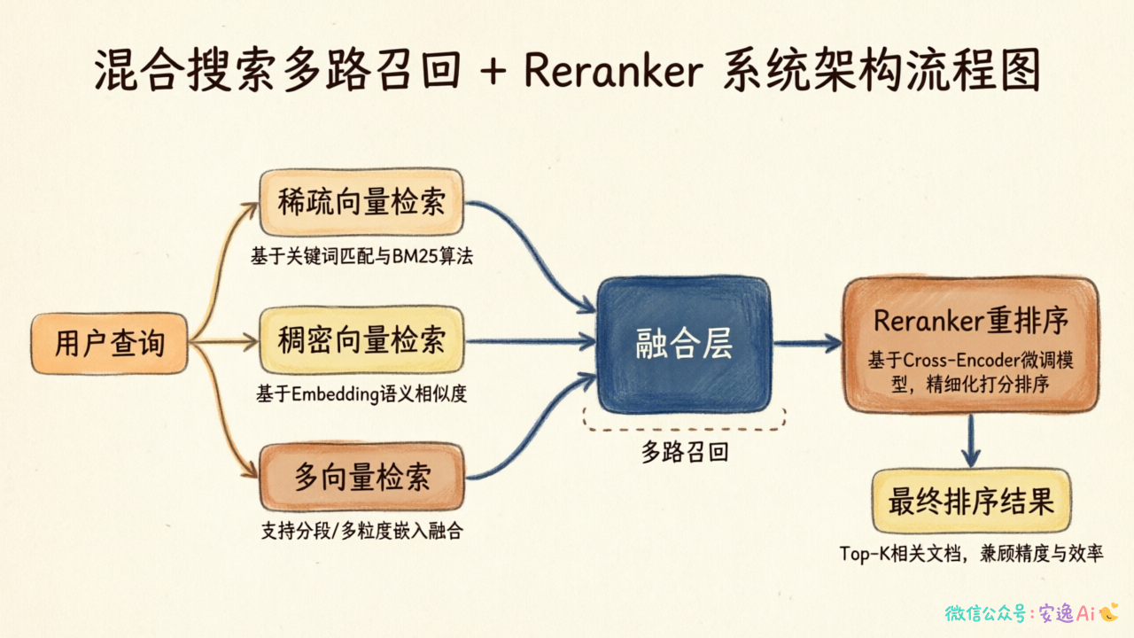 混合搜索多路召回+Reranker系统架构图,展示整体流程