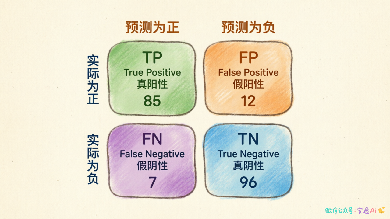 混淆矩阵彩色示意图,4个格子分别标注TP/FP/FN/TN及对应颜色