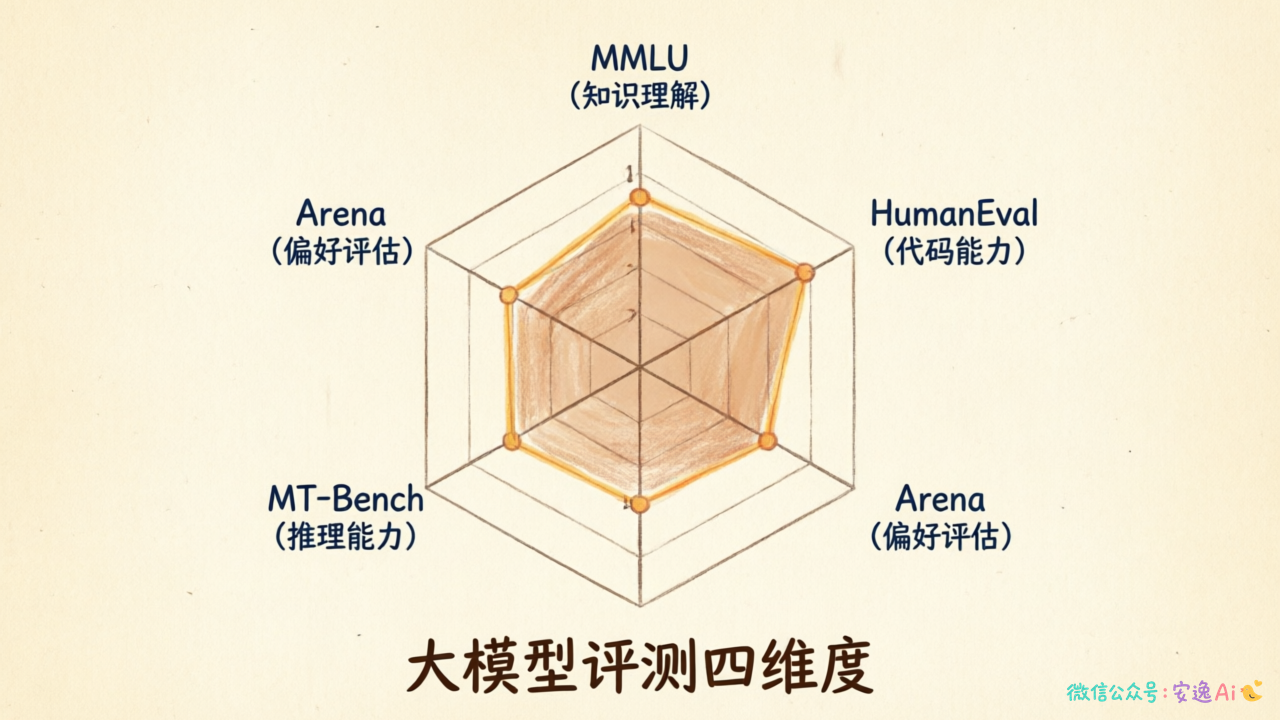大模型评测四维度雷达图,展示MMLU知识、HumanEval代码、MT-Bench推理、Arena偏好