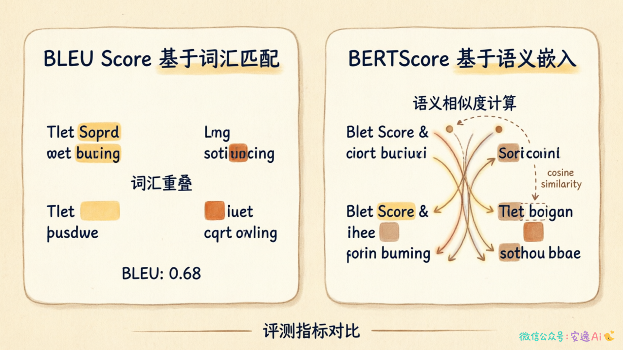 BLEU基于词汇匹配和BERTScore基于语义嵌入的对比图,并排展示原理差异