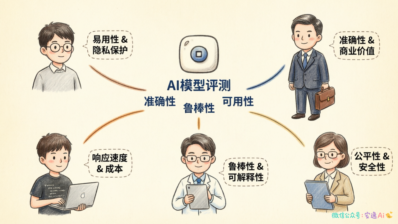 五类评测主体及其关注点对比图，用户、公司、研究人员、开发者、政策制定者各有侧重