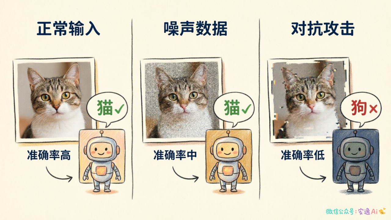 鲁棒性测试场景图，展示正常输入、噪声数据、对抗攻击三种情况对比