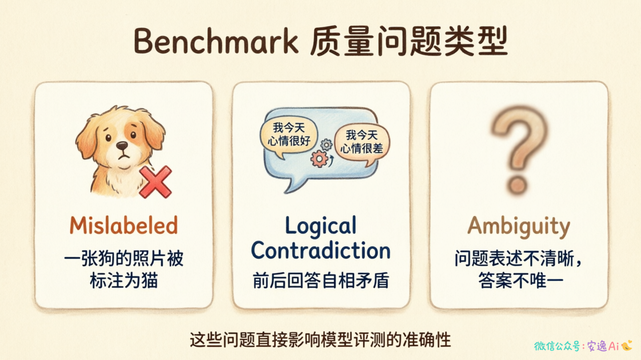 Benchmark质量问题类型图，展示Mislabeled、Logical Contradiction、Ambiguity三种错误