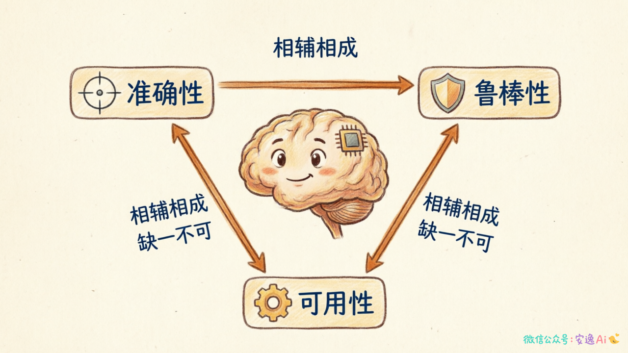 准确性、鲁棒性、可用性三角关系图，展示三个维度的互补关系