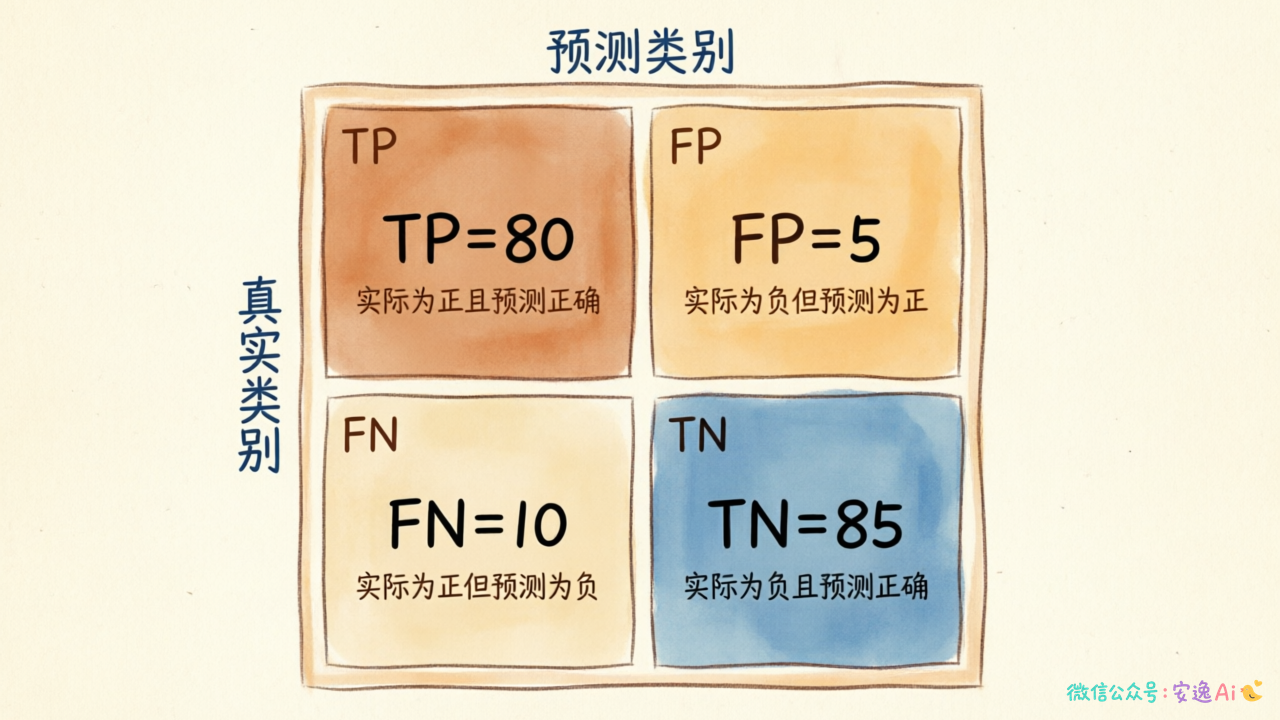 2×2混淆矩阵示意图,清晰标注TP/TN/FP/FN四个格子及其含义