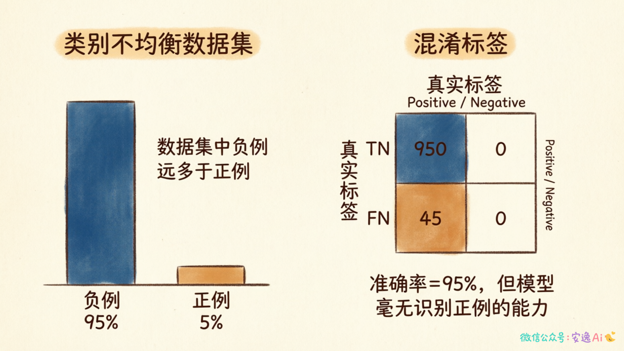 类别不均衡数据集的正负例比例图 + "全部预测负例"时的混淆矩阵