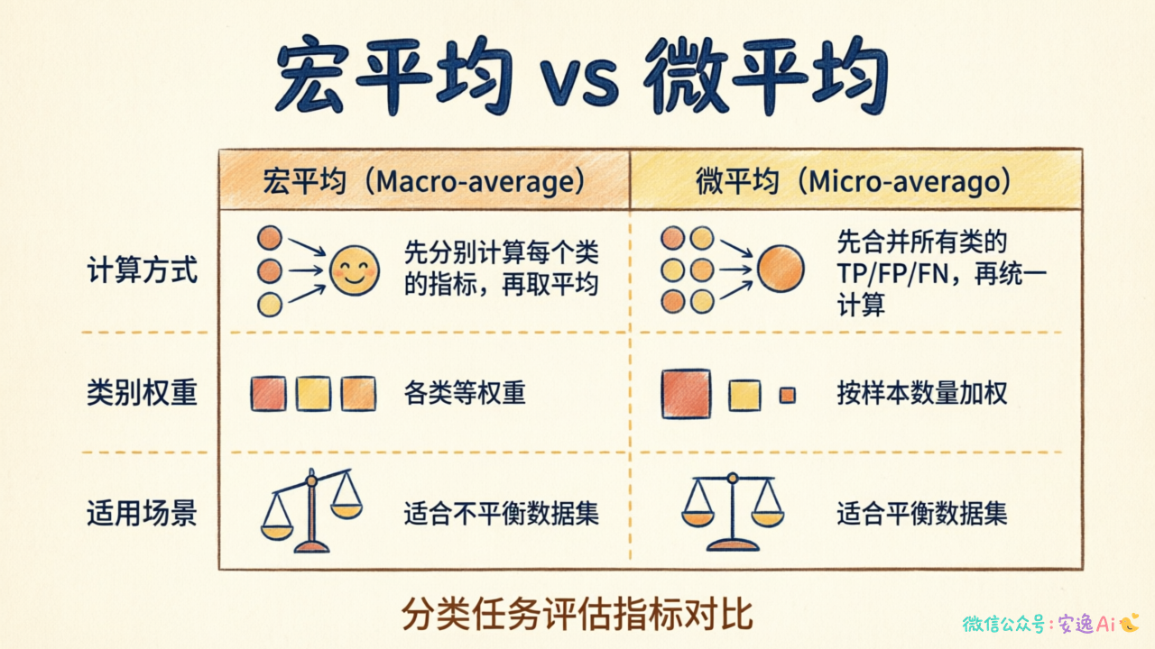 宏平均vs微平均的三维度对比表(计算方式/类别权重/适用场景)