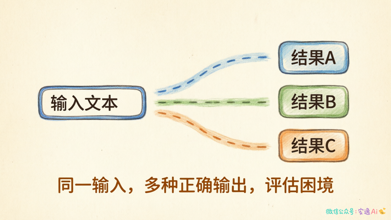 展示生成任务评估困境,输入到输出存在多条可能路径