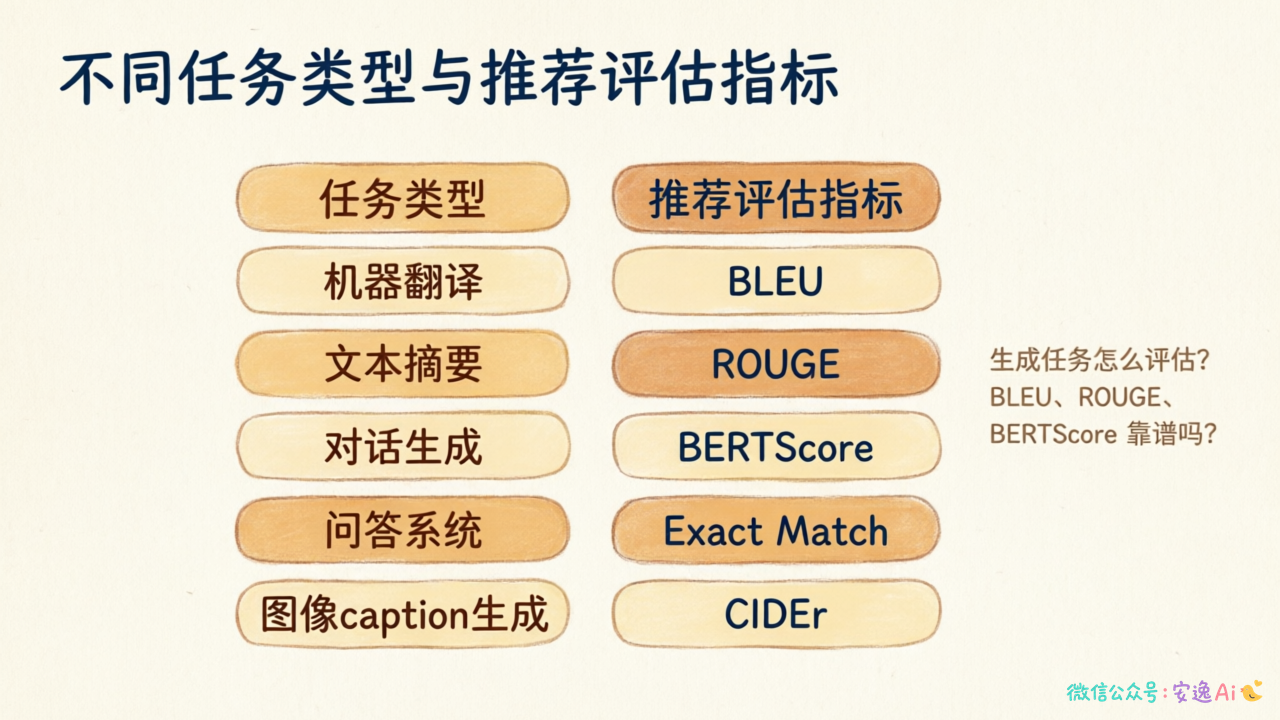 不同任务类型与推荐评估指标的对照表