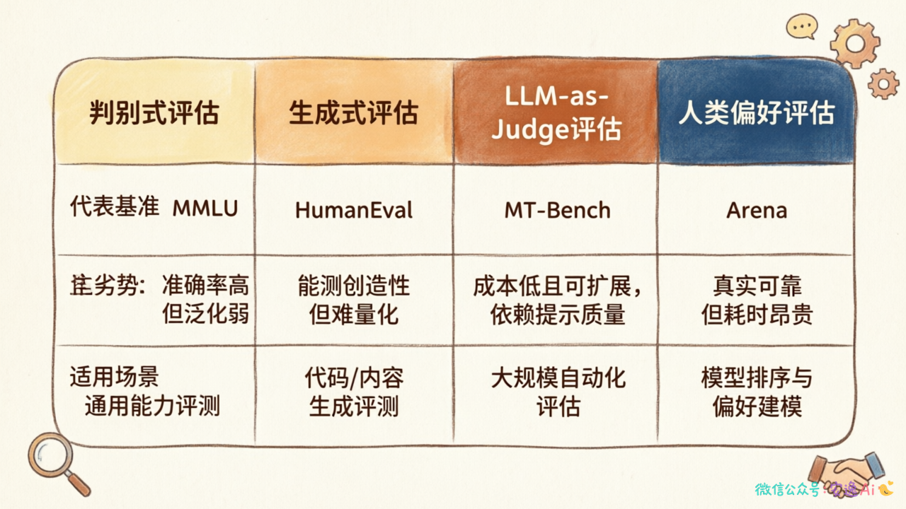 四种评测方法论对比表,横向列出判别式、生成式、LLM-as-Judge、人类偏好四种方法的代表基准、优劣势和适用场景