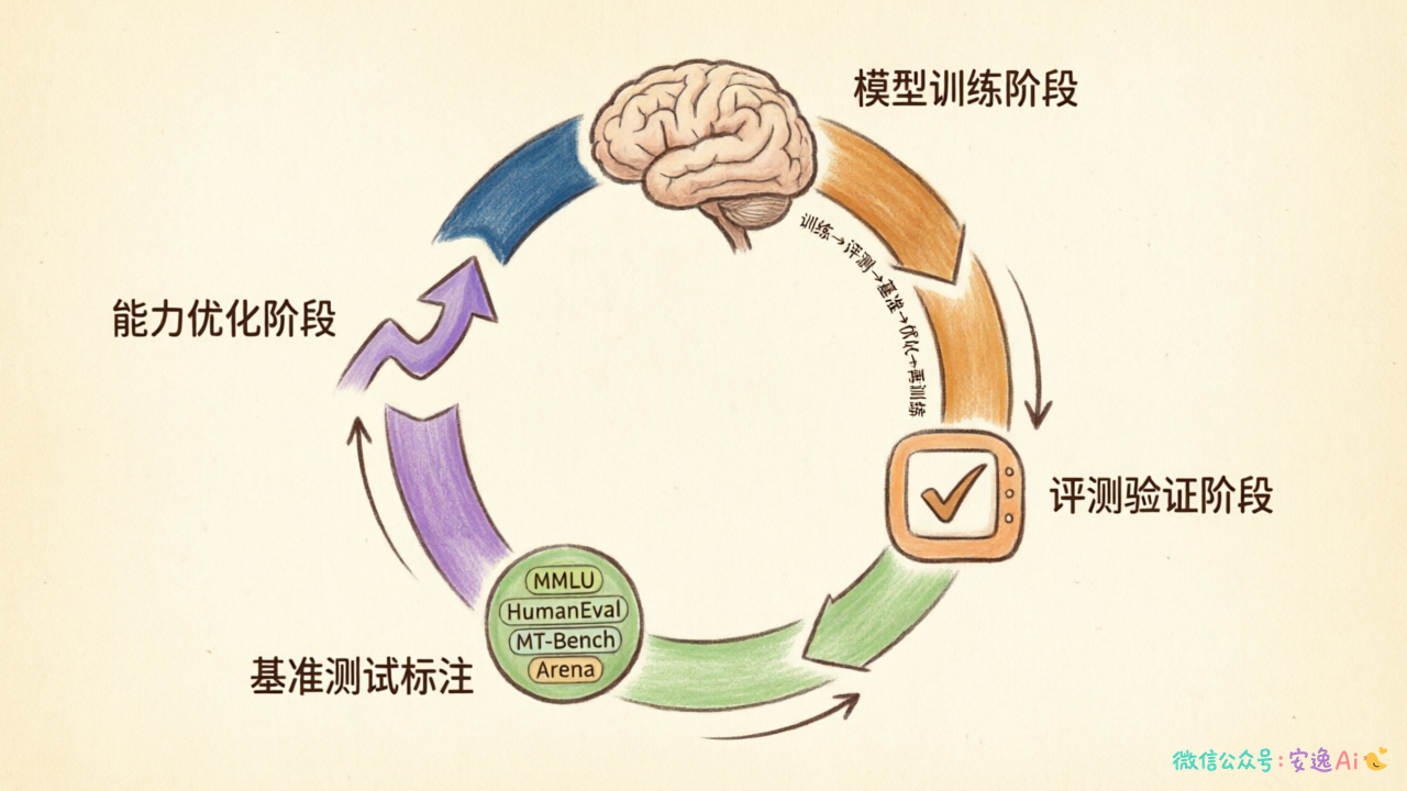 大模型评测闭环流程图,展示从模型训练到评测验证再到能力优化的完整循环