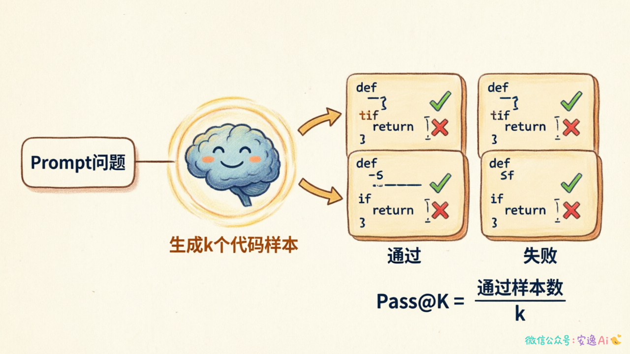 HumanEval pass@k评测流程图,展示同一问题生成k个代码样本、逐个运行测试用例、统计通过率的计算过程