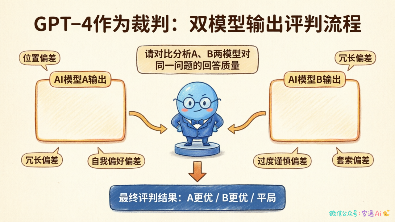 LLM-as-Judge评判机制图,展示GPT-4作为裁判评判两个模型输出的完整流程和五种常见偏差