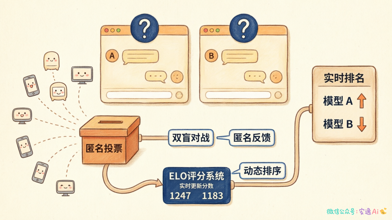 Chatbot Arena双盲对战示意图,展示用户匿名投票、ELO分数计算和实时排名更新的运作机制