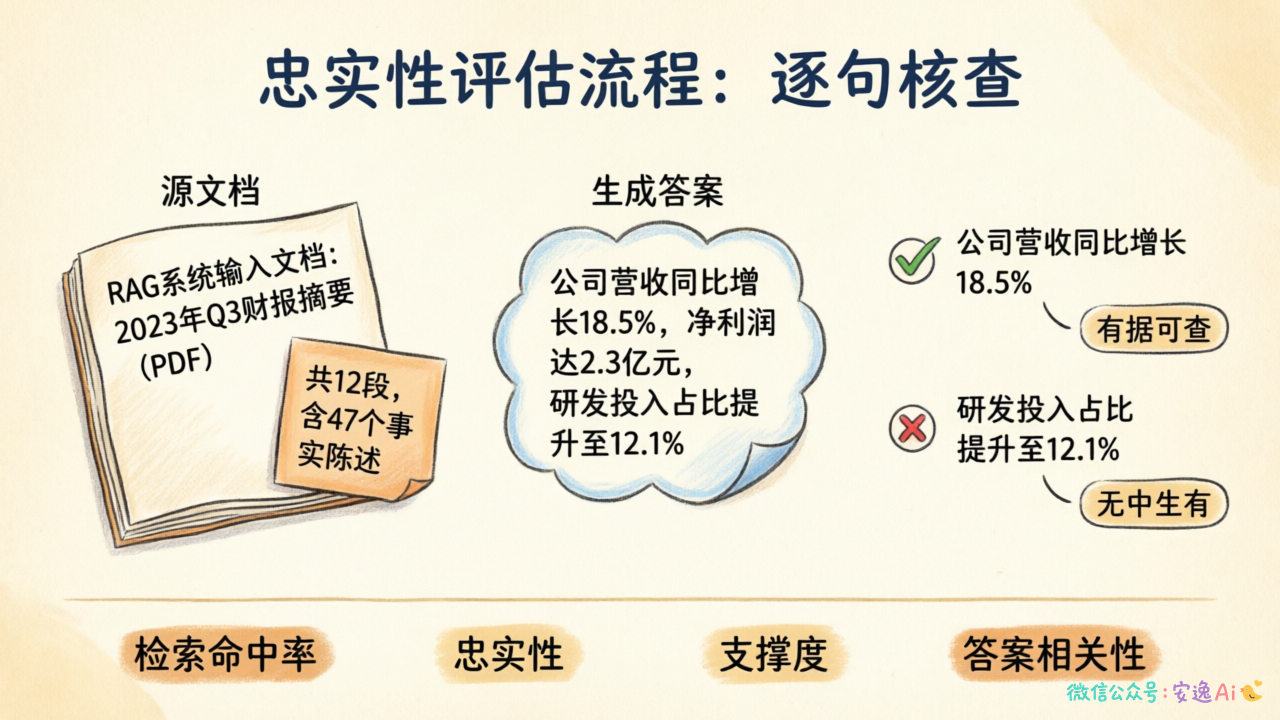 忠实性评估流程图,展示如何逐句对比生成答案与源文档,标注哪些句子是"有据可查"、哪些是"无中生有"