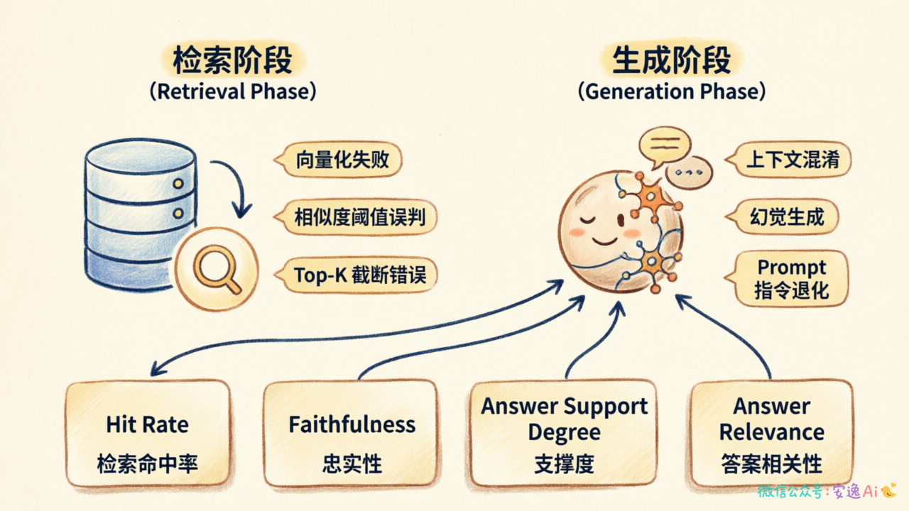 RAG 系统评测全景图,展示检索阶段和生成阶段各自可能的出错点,以及四大评测维度分别对应哪个阶段
