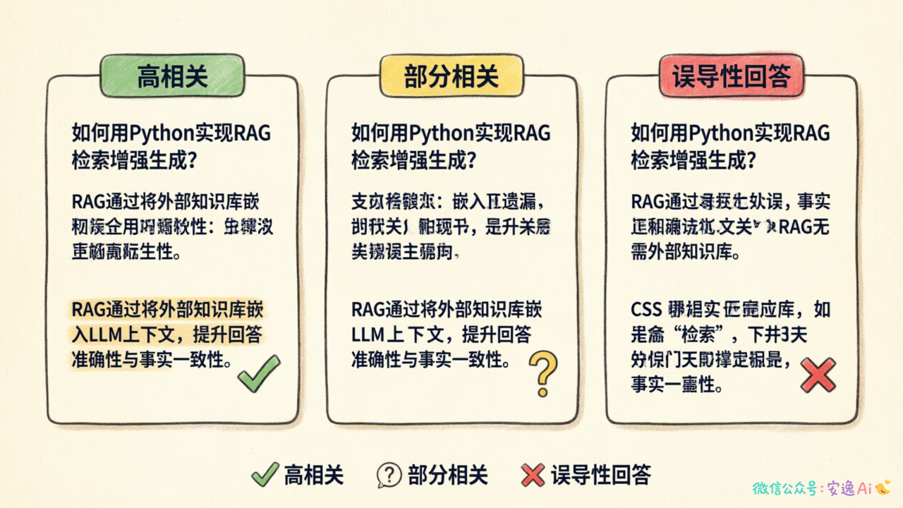 三种答案相关性示意——高相关、部分相关、误导性回答的对比