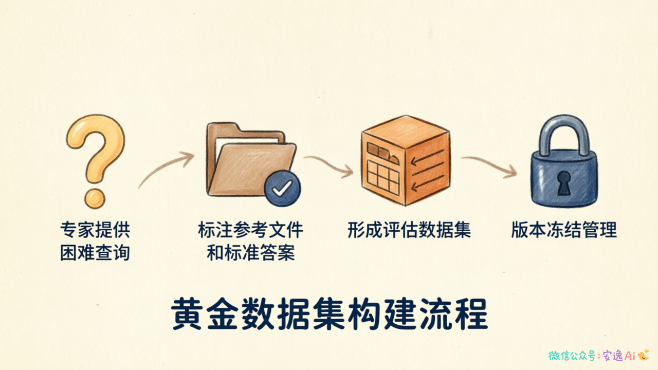 黄金数据集构建流程图,从左到右展示四个步骤:专家提供困难查询 → 标注参考文件和标准答案 → 形成评估数据集 → 版本冻结管理,每个步骤用箭头连接