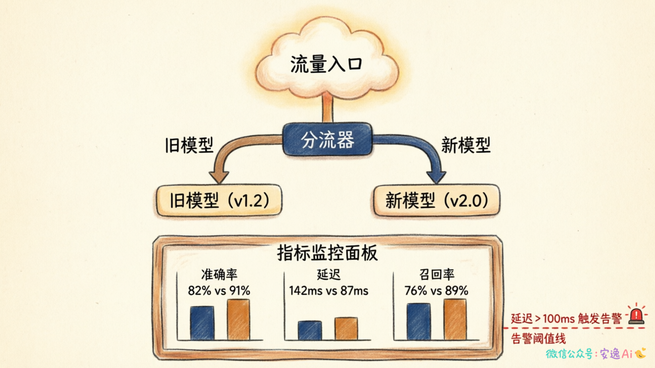 A/B测试与质量告警系统架构图,左侧是流量入口分流的示意,右侧是两个分支分别进入新旧模型,下方展示指标对比监控和告警触发逻辑