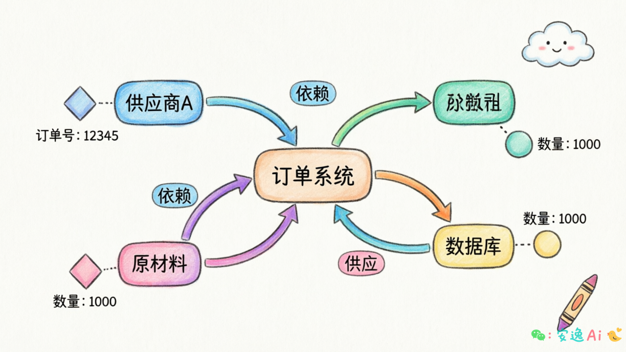 关系抽取示意——展示"订单系统→依赖→数据库"、"供应商A→供应→原材料"等带属性边