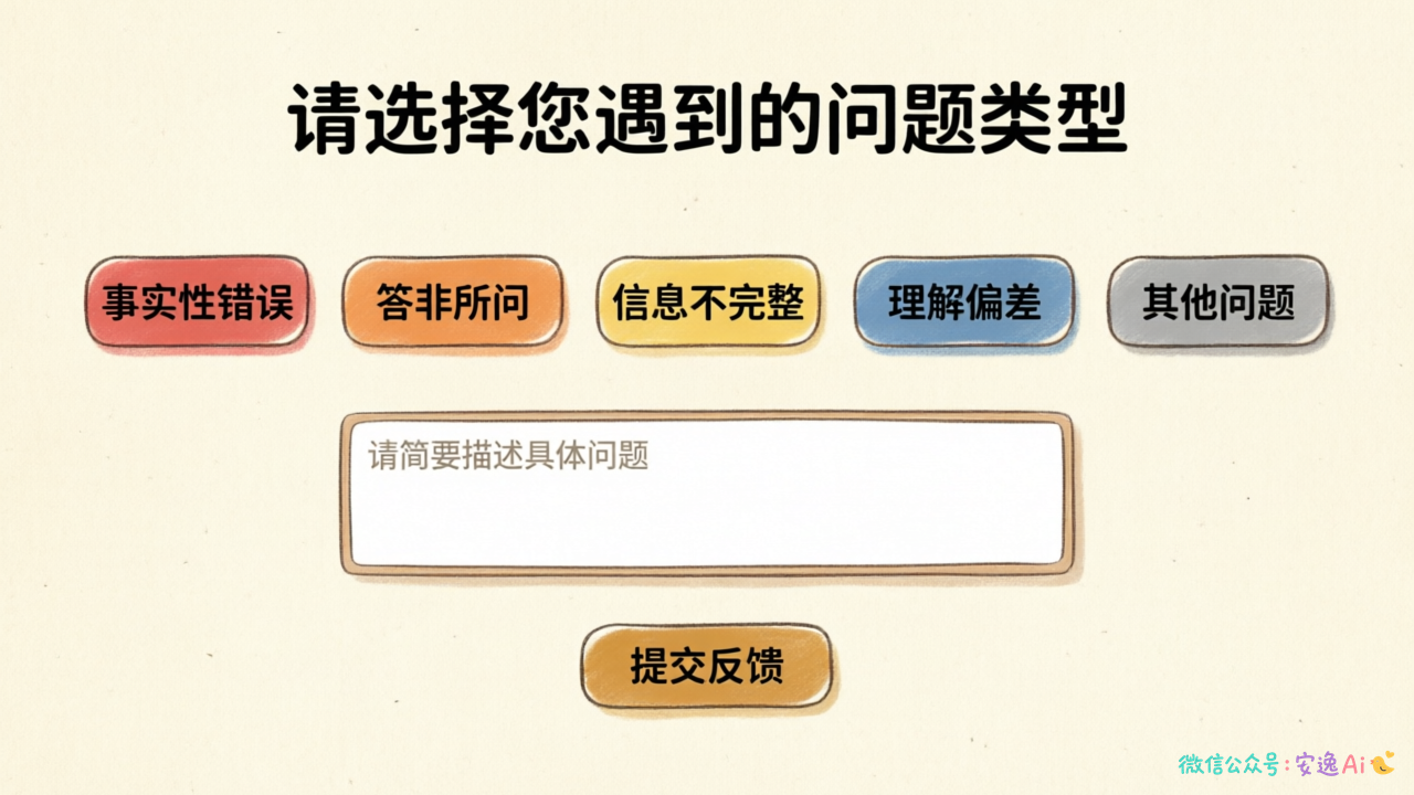 用户反馈收集界面,展示事实性错误、答非所问、信息不完整等预设选项按钮