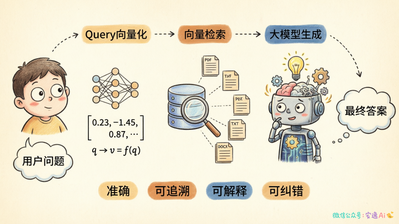 RAG系统架构图,展示query向量化、向量检索、上下文增强、大模型生成的完整流程