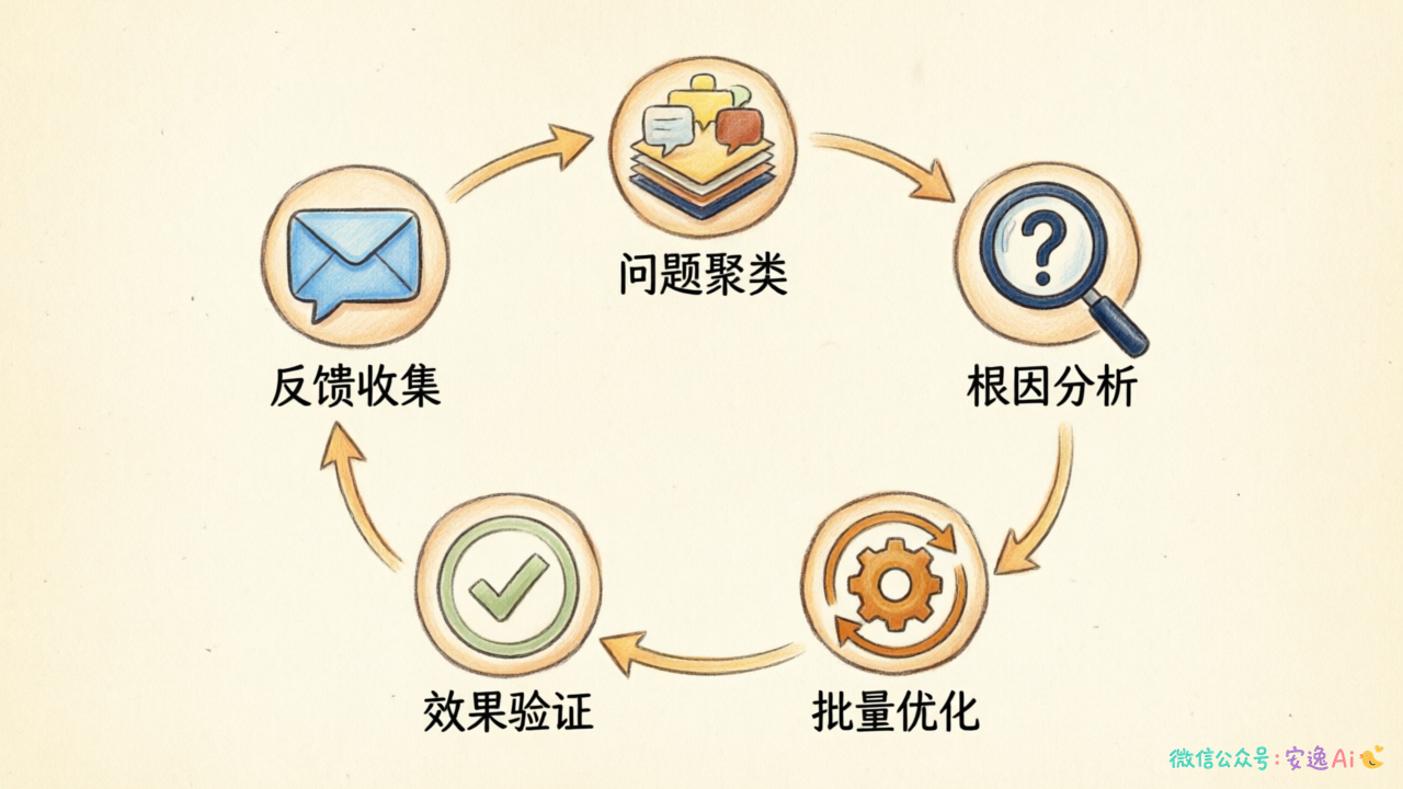 用户反馈优化闭环图,展示从反馈收集到问题聚类、根因分析、批量优化、效果验证的完整闭环运转机制