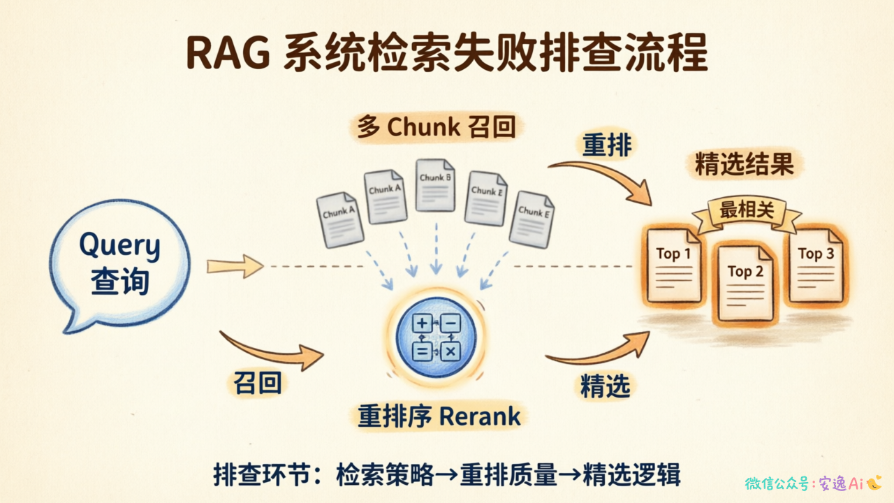 Rerank重排序流程图，展示多Chunk召回→重排序→精选的完整过程