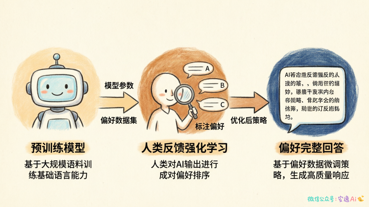 RLHF训练流程图,展示预训练→人类反馈强化学习→偏好完整回答的路径