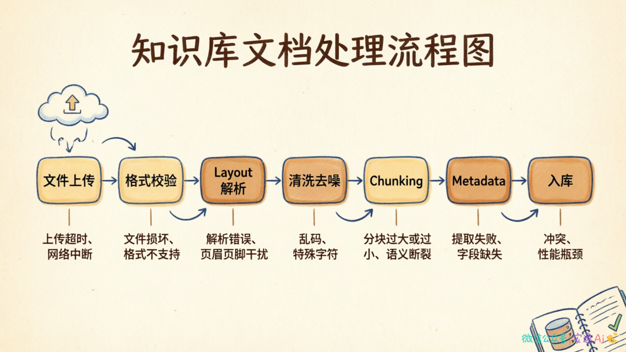 六环节文档处理管线流程图,展示文件上传→格式校验→Layout解析→清洗去噪→Chunking→Metadata→入库的完整流程及各环节典型失败点