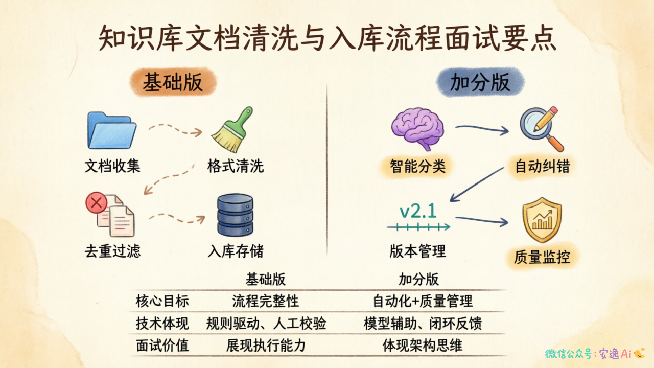 面试回答要点总结图,展示基础版和加分版的关键差异