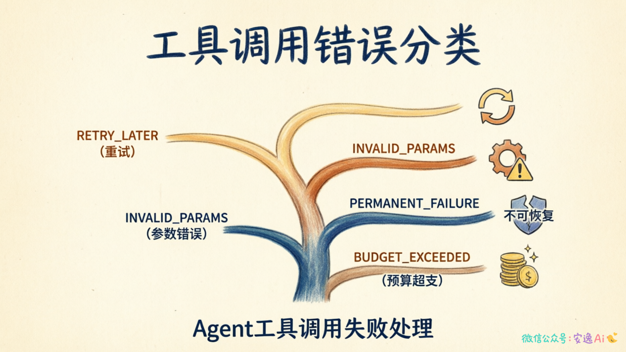 四类错误分类决策树图,含RETRY_LATER/INVALID_PARAMS/PERMANENT_FAILURE/BUDGET_EXCEEDED