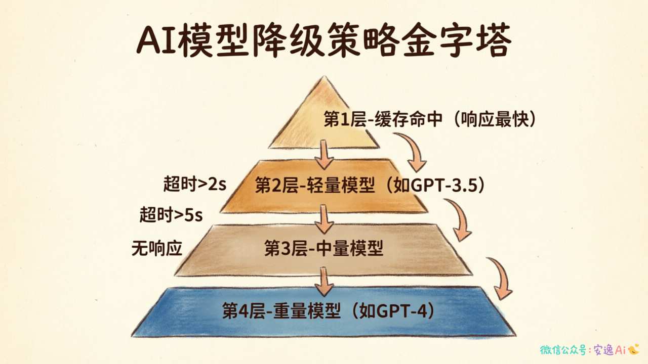 四级降级金字塔图,展示从缓存到轻量模型的递进关系和触发条件
